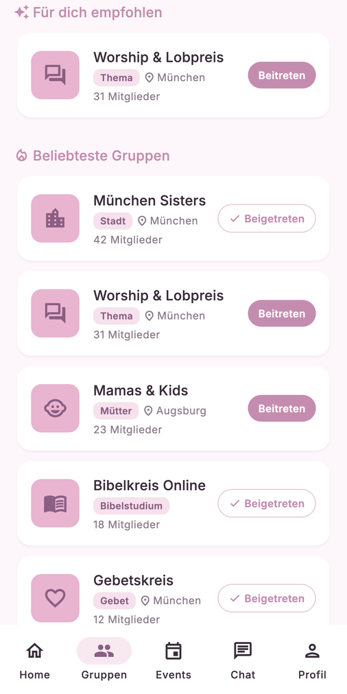 Screenshot: Gruppen entdecken